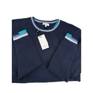 NWT! Mens Reiss Amble Intarsia Trim Textured Cotton Crewneck Sweater Navy L $180